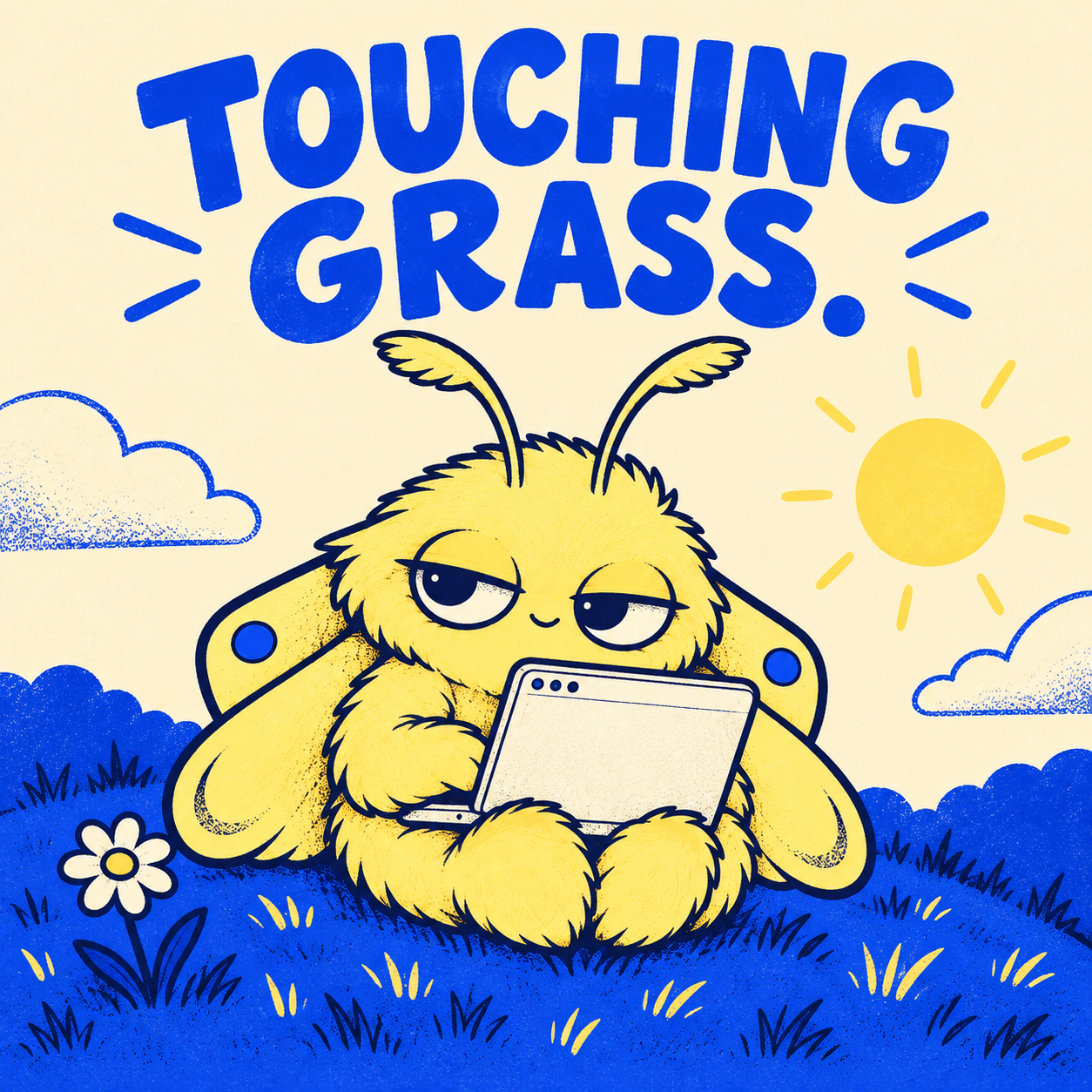 TABMOTH sitting in the grass, still holding an open tab. Touching grass.